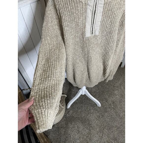 LL Bean Commando Sweater Henley Tan Knit Elbow Patches Mens Large Cotton - Picture 2 of 6